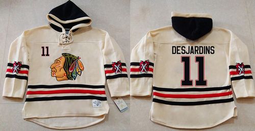 Blackhawks #11 Andrew Desjardins Cream Heavyweight Pullover Hoodie Stitched NHL Jersey - Click Image to Close